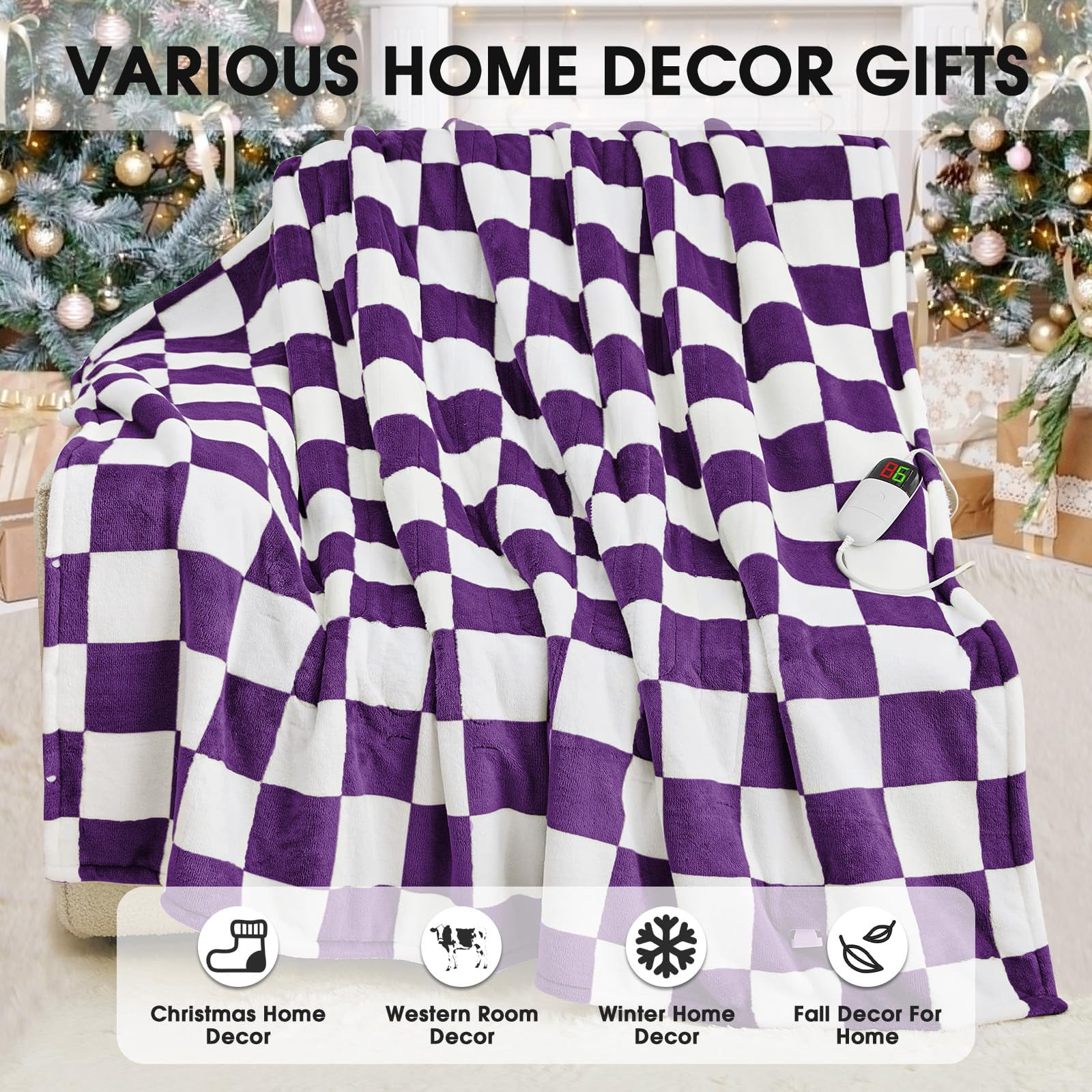 Heated Electric Blanket Throw  50x60 Heating With 10 Heat Level & 8 Hours Auto Off For Lap Deep Purple Checkered Plaid Soft Sherpa Blankets Mothers Day Gifts Mom Grandma Women Couch