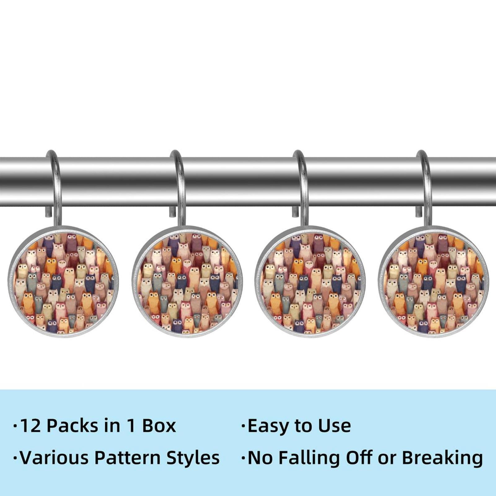 12pcs Decorative Shower Curtain Hooks, Rust Resistant Shower Rings for Bathroom Living Room,Rustproof Stainless Steel Rings for Shower Curtain and Liner Rods,Owls Background