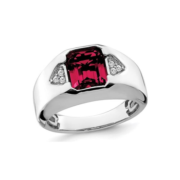 Mens 3.75 Carat (Ctw) Lab Created Emerald-Cut Ruby Ring in 14K White Gold with Diamonds for Men