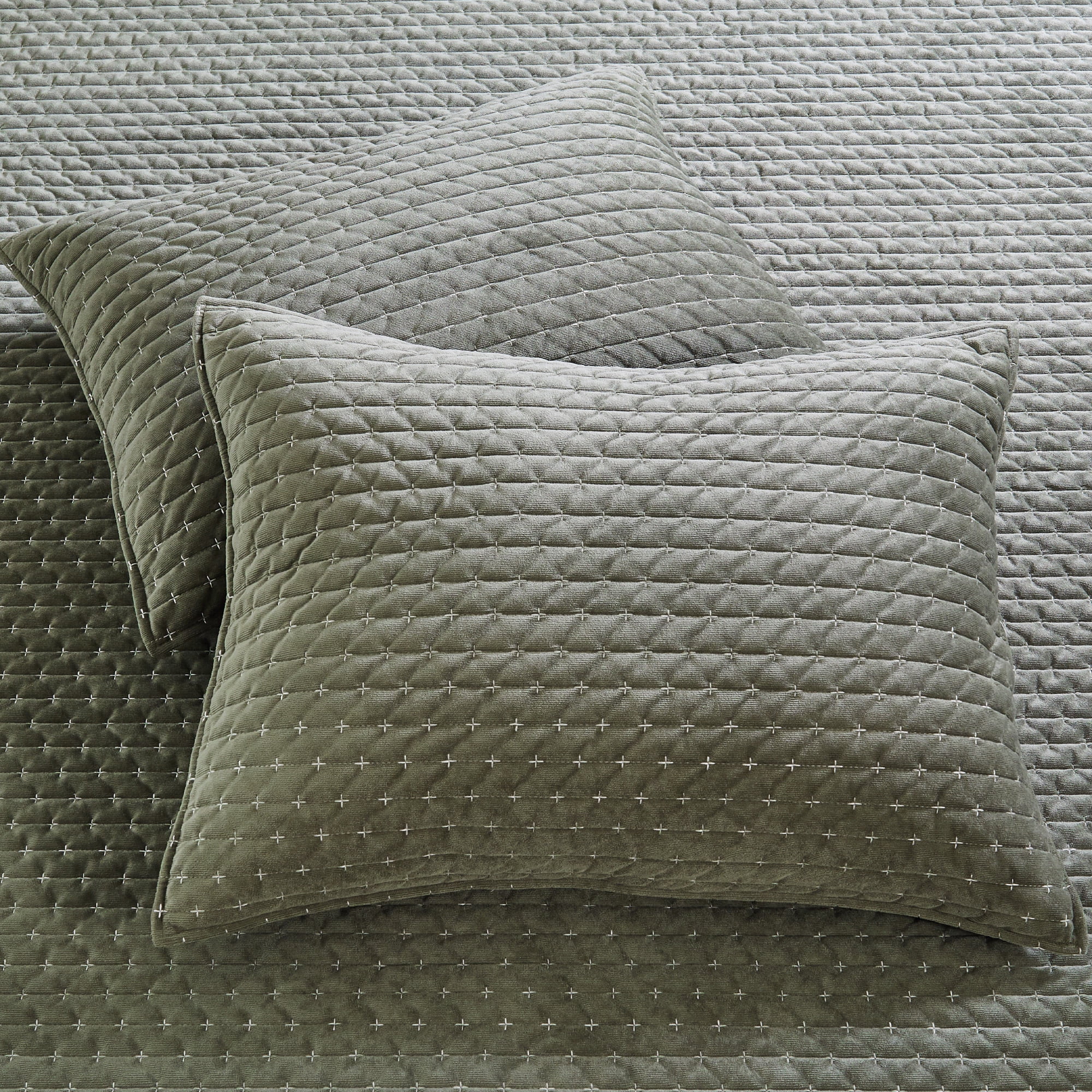 Levtex Home - Velvet Stitch Quilt Set - King Quilt and Two King Shams - Cross Stitch Velvet - Green with White - Quilt (106x92in.) and Shams (20x36in.) - Reversible - Polyester
