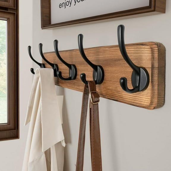 Rustic Wooden Coat Rack with 5 Hooks - Brown Plate & Black Hook