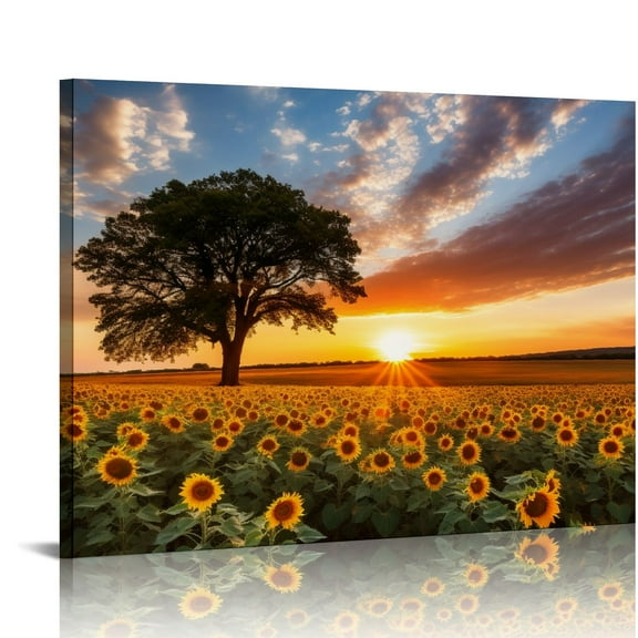 JEUXUS Large Canvas Wall Art Field of Blooming Sunflowers Posters Prints Sunset Landscape Pictures Modern Home Decor Stretched and Framed Ready to Hang