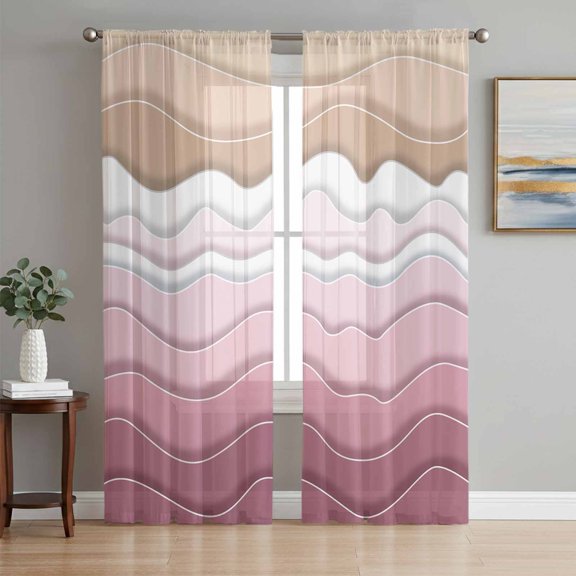 Sheer Curtains 84 Inches Long 2 Panels Set for Living Room, Pink Ombre Stripe Semi Sheer Curtains for Windows, Abstract Summer Beach Coastal Voile Window Treatments Rod Pocket Curtain