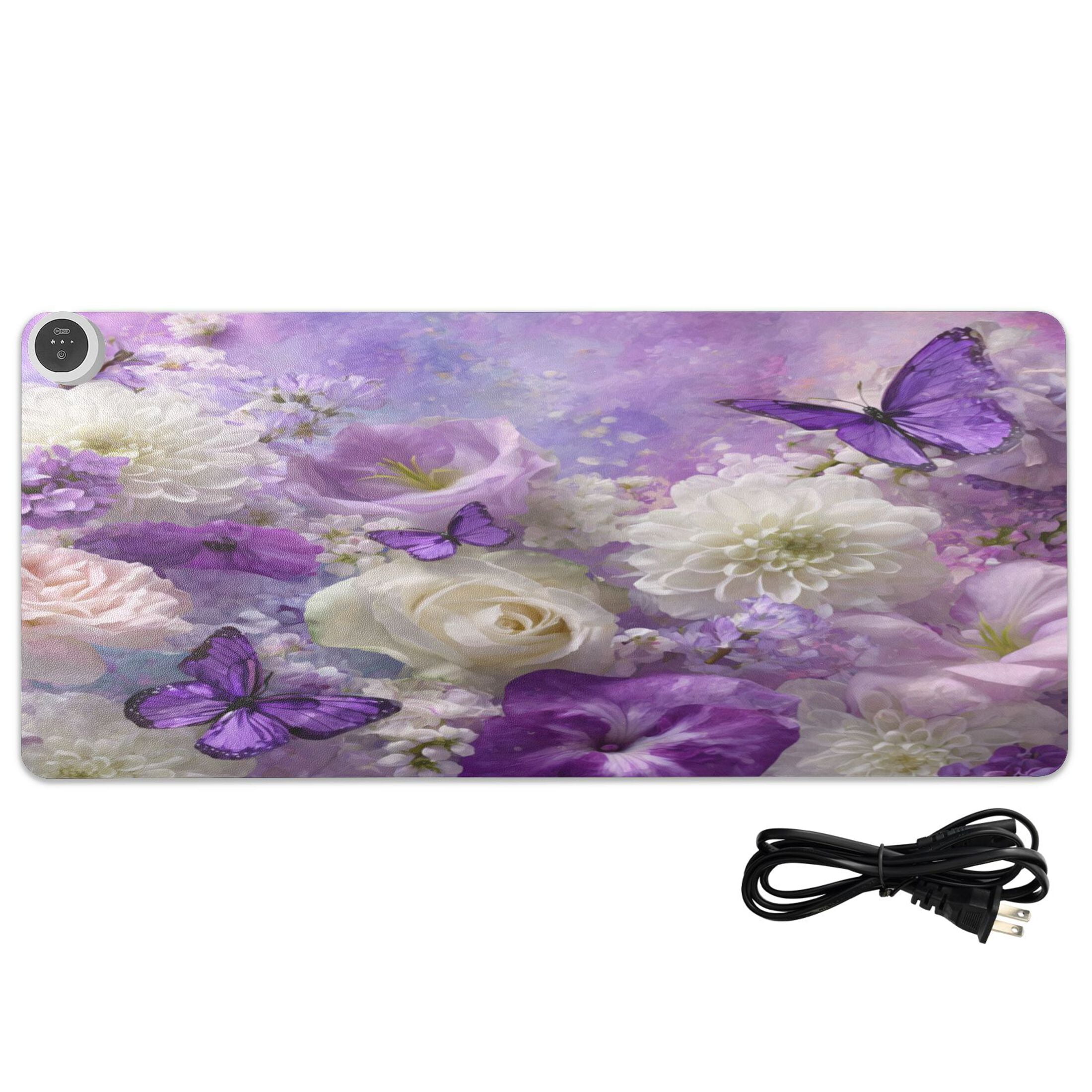 Wobogo Purple Butterfly Floral Heated Mouse Pad Extra-Large Desk Mat With 3 Heating Levels and 3-hour Auto Shut-Off Protection Ideal for Computer Keyboards Home Office Hand-warming Essential 31.5in ×
