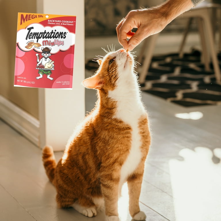 Temptation Mix Ups Crunchy and Soft Cat Treats Backyard Cookout Chicken Liver Beef Flavors No Artificial Flavors Control Tartar and Dental Health