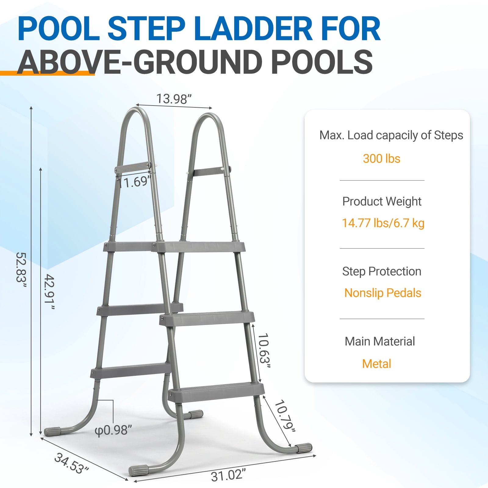 Ktaxon 3-Step 43" Steel Above Ground Pool Ladder, Heavy Duty Non-Slip, Gray