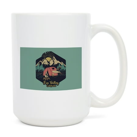 

15 fl oz Ceramic Mug Fun Valley Colorado Camping Scene Contour Dishwasher & Microwave Safe