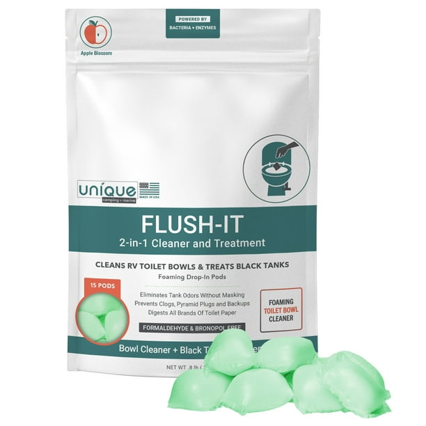 Unique FlushIt 2In1 RV Toilet Bowl Cleaner and RV Black Tank Treatment (15 Foaming Enzyme