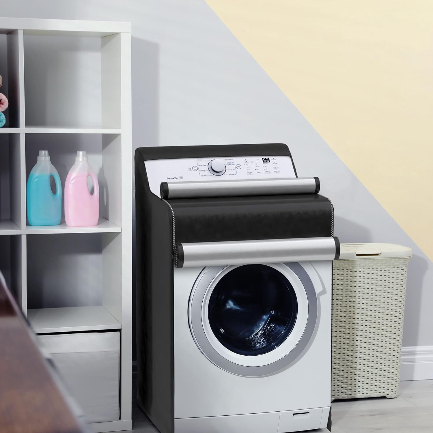 OhhGo Washing Machine Cover, Waterproof Machine Protection Cover, Black Coated Dustproof Fabric Washer Dryer Fit for Front Load Washer Dryer, All Weather Protection