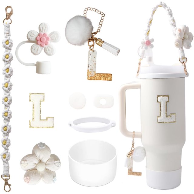 xianyou-9PCS Cup Accessories Set for Stanley Cup 30oz 40oz Tumbler - Including Water Bottle Handle Strap,Straw Cover Cap,Spill Proof Stoppers,Boot,Initials Letter Charm,Sticker,Flower,Letter A-Z