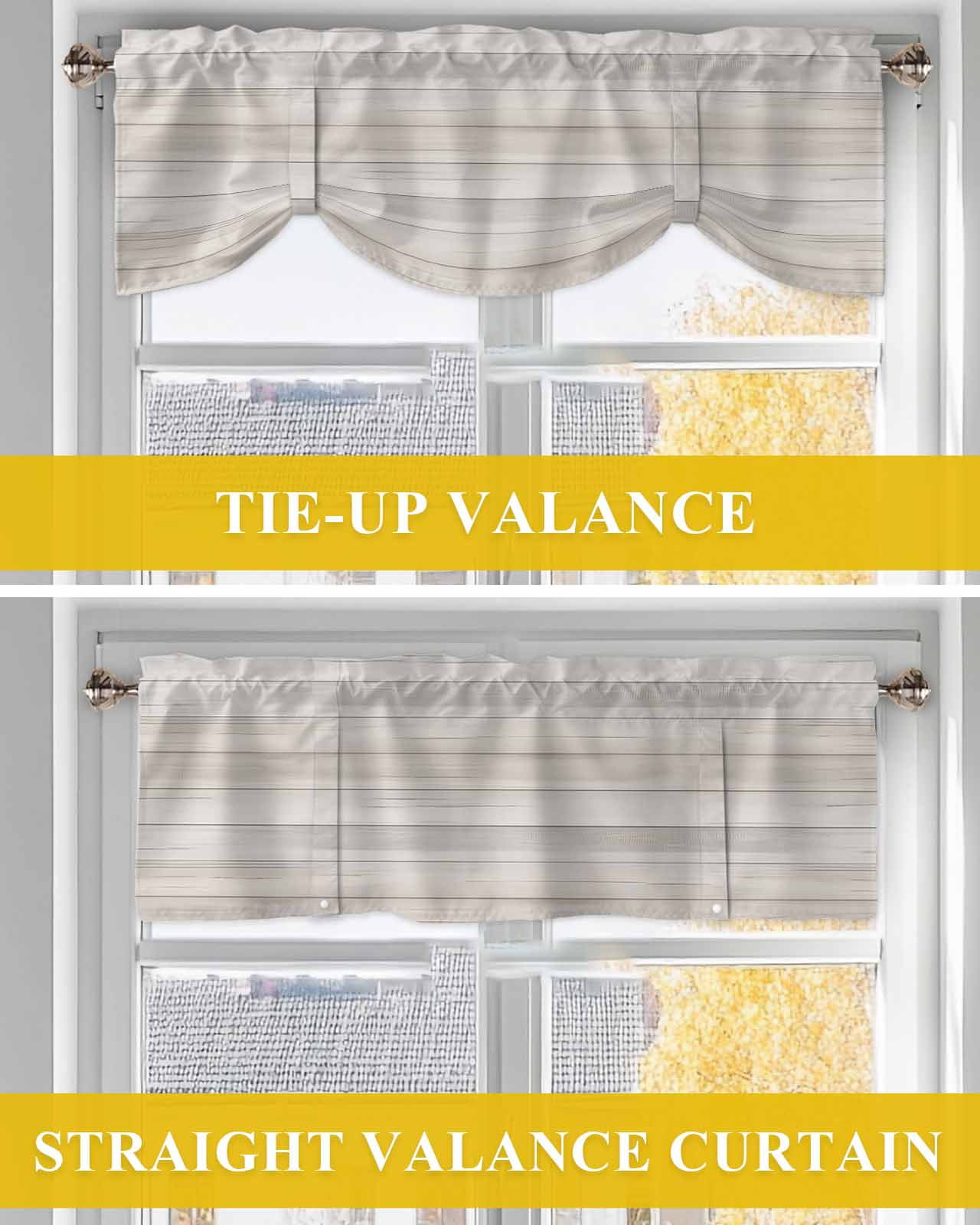 Wood Grain Tie Up Valances Curtain, Beige Mottled Texture Simple Striped Country Kitchen Valances for Windows Decor, Rod Pocket Short Curtains Set for Bedroom/Bathroom, 60"x18"