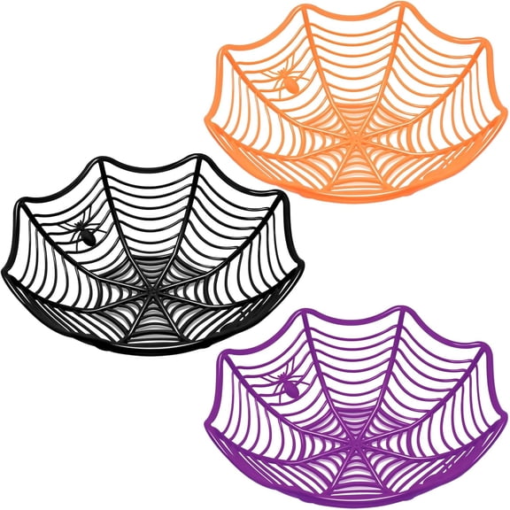 3 Pack Halloween Spider Web Candy Bowls, 11 Inch Plastic Cobweb Design Serving Bowls in Orange, Black, and Purple for Halloween Party Decor, Trick-or-Treating, Food Candy Trays