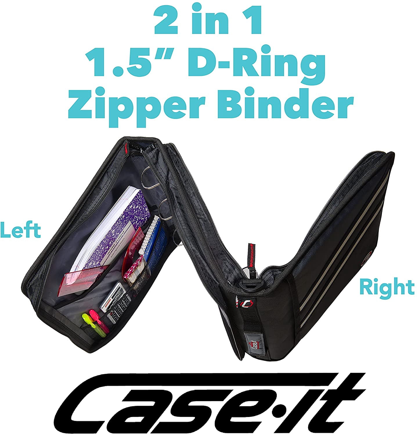 Case-it The Z Shape Zipper Binder - Two Binders in One - Double Sided 1.5 Inch D-Ring - Multiple Pockets - 500 Page Capacity - Comes with Shoulder Strap, Blue Z-176
