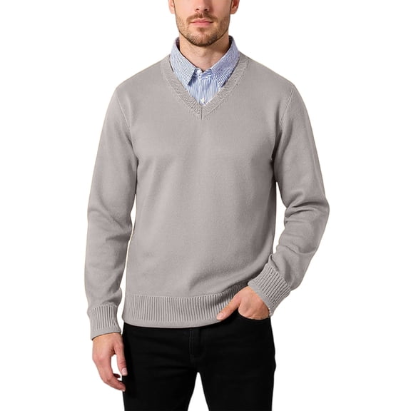 Men's V-Neck Knit Sweater Long Sleeve Solid Color Classic Fit Casual Pullover Top