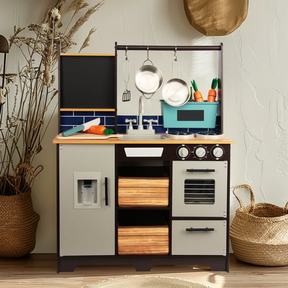 Kitchen Playset for Kids Ages 3-8, Wooden Pretend Play Kitchen with Cooking Accessories