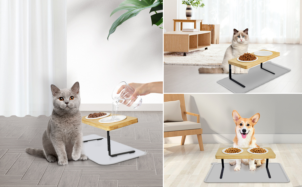 Pet Daily Kit Ceramic bowls elevated for Pets, Solid bamboo Water stand feeder