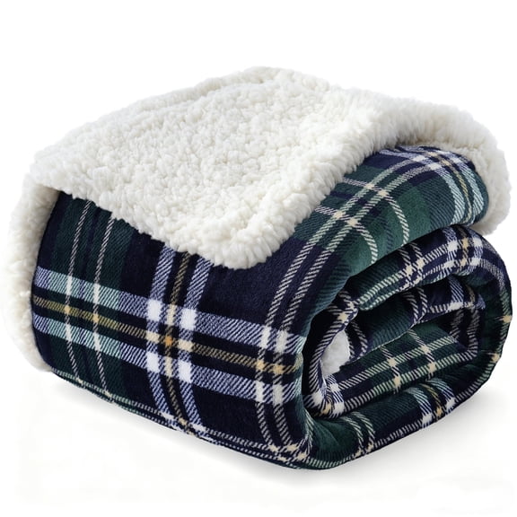 Gracelife Cozy Blue-Green Plaid Blanket,Warm forest green and navy blue plaid velour,Paired with soft white piping Sofa bed holiday decor, 60"x80", Classic tartan pattern