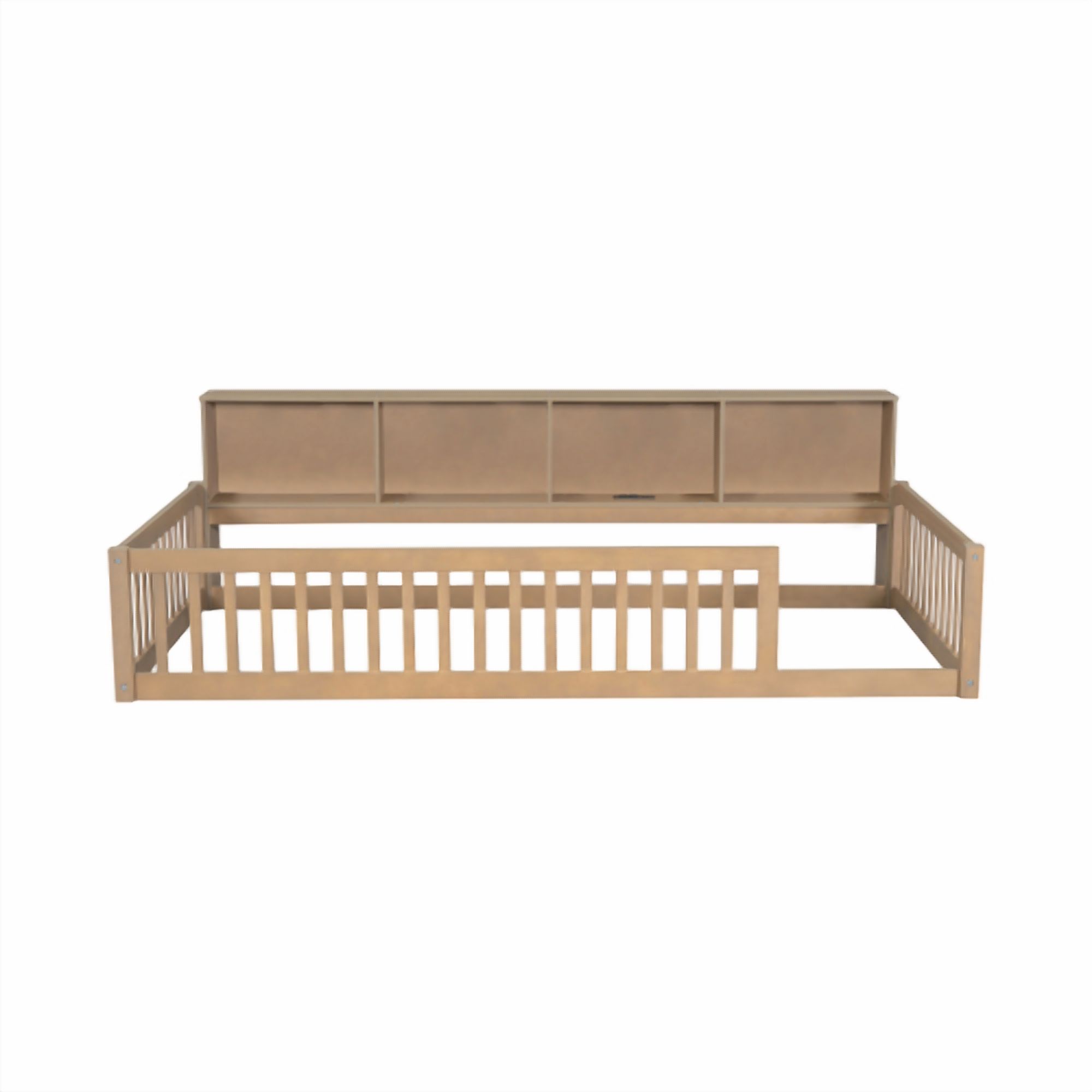 Bellemave Twin XL Size Floor Bed with Storage Cabinet Twin XL Wood Bed Frame with Headboard and Guardrails Twin XL Storage Bed Frame with Charging Station Low Floor Bed, Natural