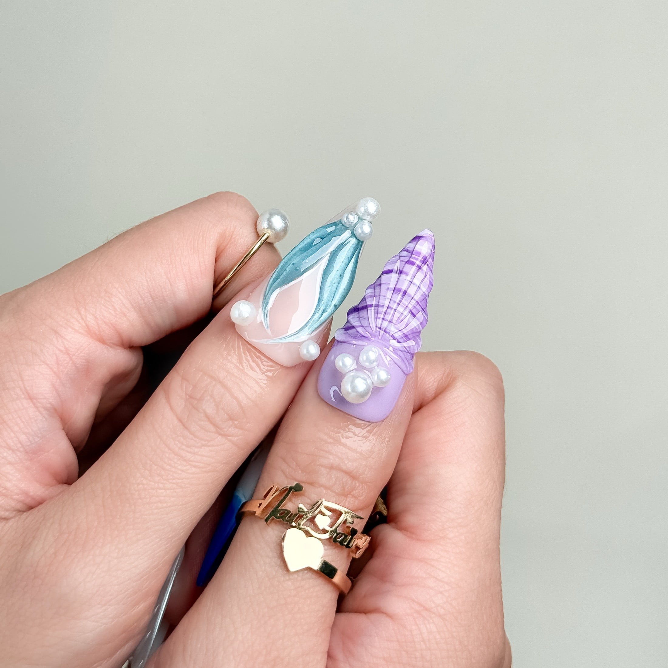 Nail Fairy Mermaid Dream Press-On Nails – Long Stiletto 3D Pearl & Shell Nail Set with Free Tool Kit