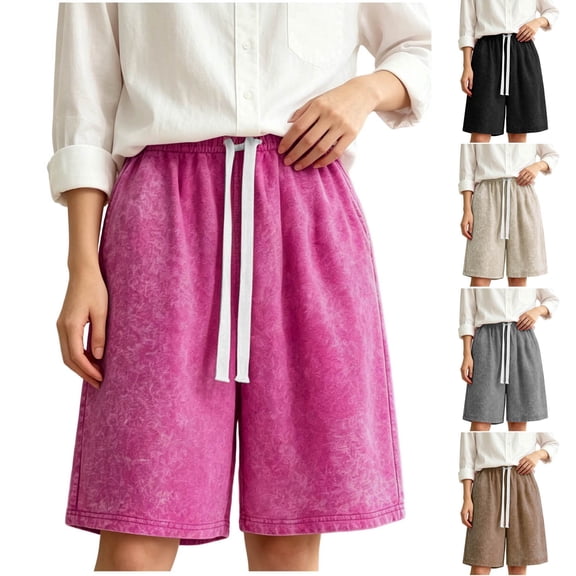 Kinrui Womens Washed Vintage Athletic Shorts Elastic Waist Drawstring Long Sleeeve Sweat Shorts S-3XL