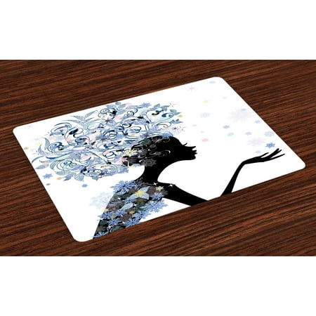 Black Slate Placemats Girls Placemats Set of 4 Illustration of a Flower Haired Girl and Snowflakes Design Pattern Print, Washable Fabric Place Mats for Dining Room Kitchen Table Decor,Black and Slate Blue, by Ambesonne ()