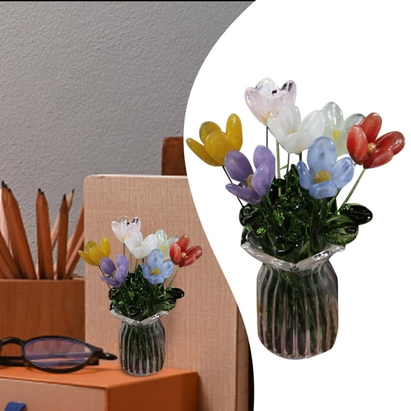 Handmade Colored Glass Flower Bouquet with Mini Vases, Liuli Glass Floral Arrangement for Home Desk Office Decor, Gift for Women Girls Birthday Wedding Celebration