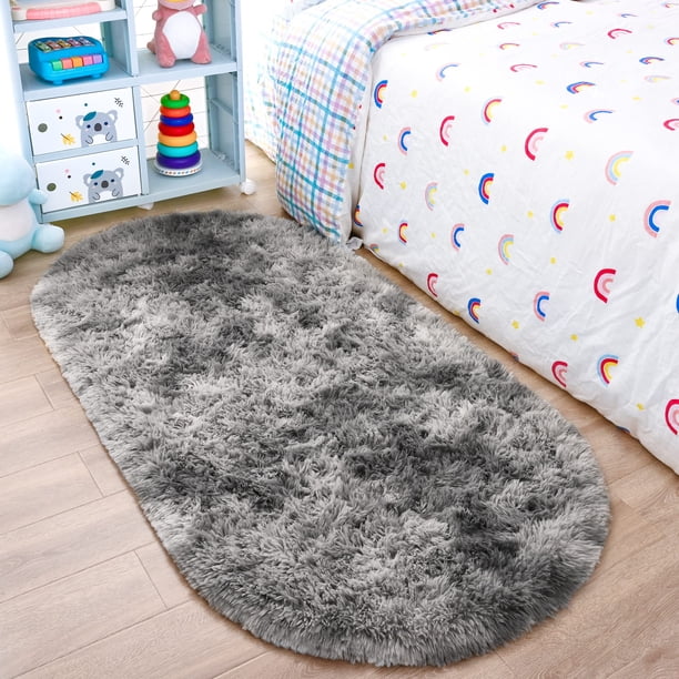 Alfombra Noahas ovalada con forma de arcoíris gris esponjoso, 80 x 160 cm, para dormitorio infantil