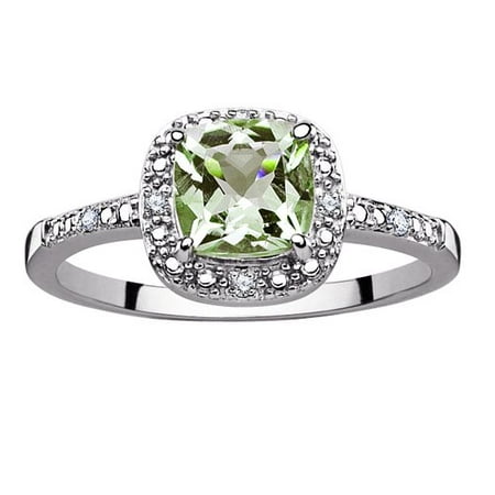 Sterling Silver Green Amethyst and Diamond Ring