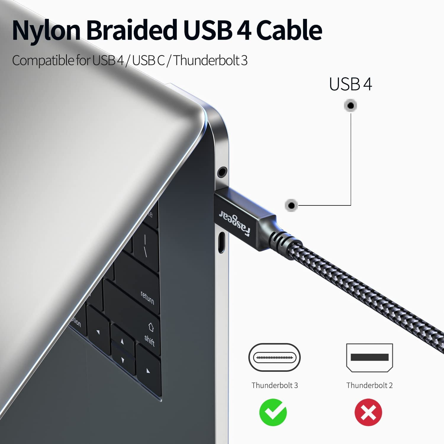Fasgear USB 4 Cable 1m - Compatible for Thunderbolt 4/3-40Gbps Data Transfer 8K@60HZ 100W Fast Charging Type C Video Cable for Moniter|Display|External SSD|eGPU USB-C Docking|Laptop (3ft)