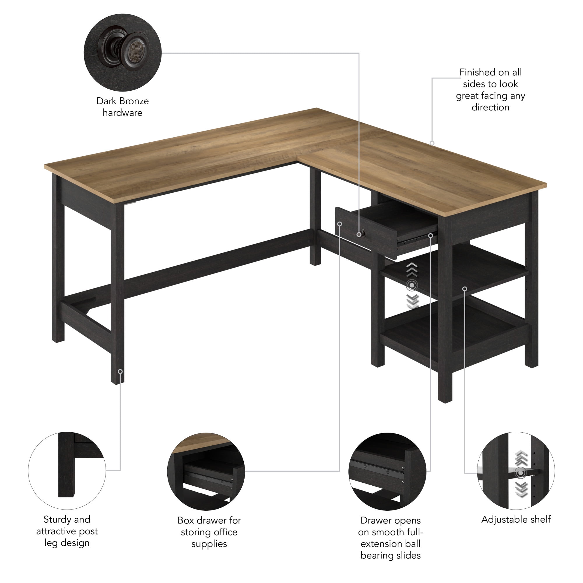Mayfield 60W L Shaped Computer Desk in Vintage Black and Reclaimed Pine