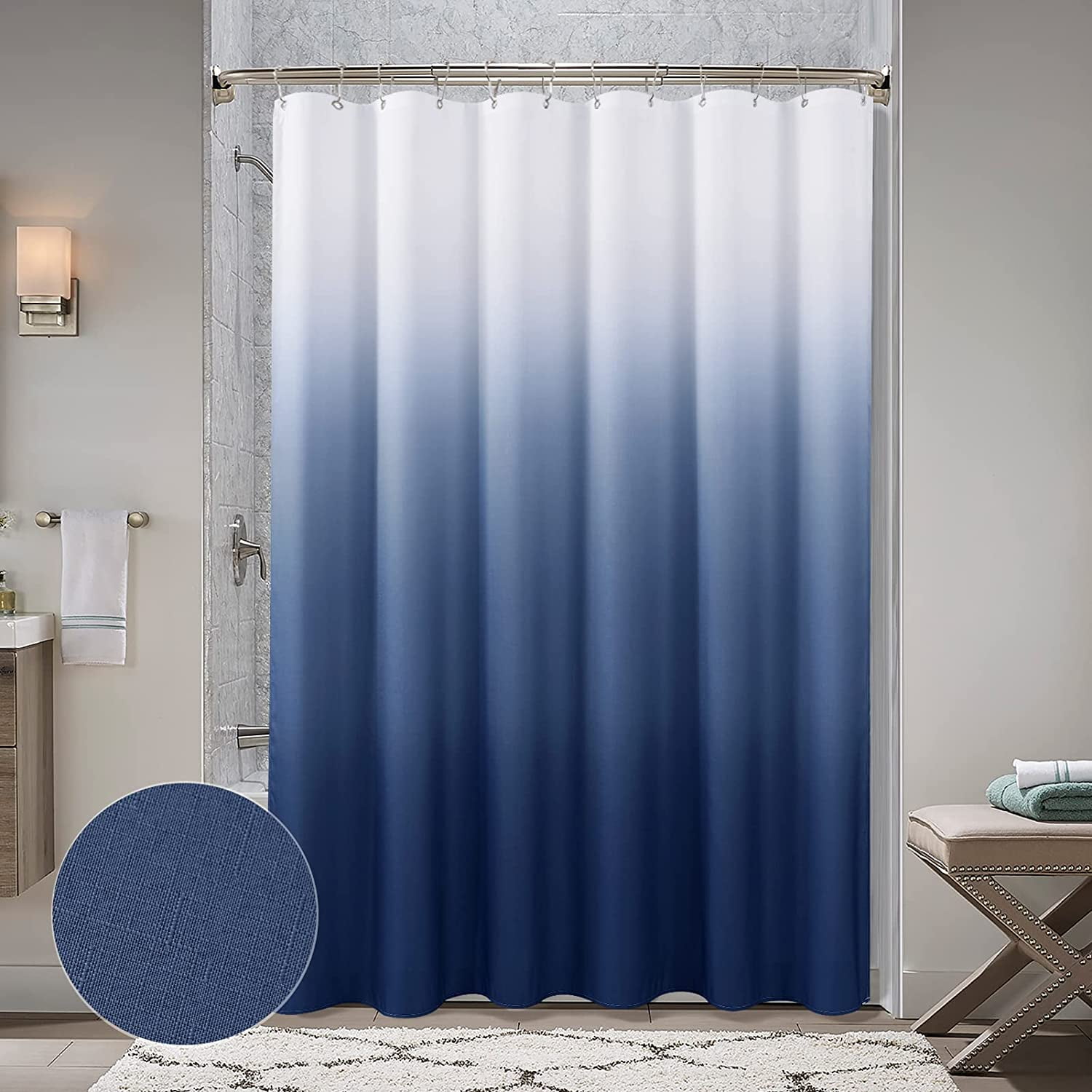 Navy Blue Shower Curtains for Bathroom, Ombre Textured Fabric Shower