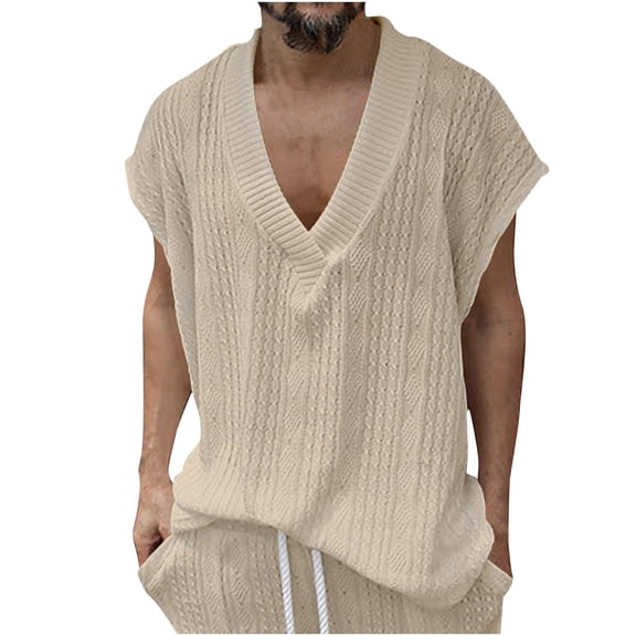 SERTG Men's Casual Solid Color Knit Vest Fall Winter Comfortable Oversized V Neck Lightweight Loose Fitted Breathable Sweater Vest(Khaki,3XL)