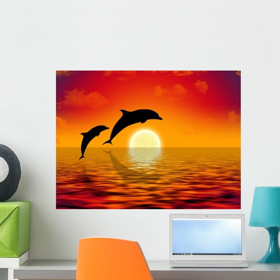 Illustration Two Dolphins Swimming Wall Mural by Wallmonkeys Peel and Stick Graphic (24 in W x 18 in H) WM322973
