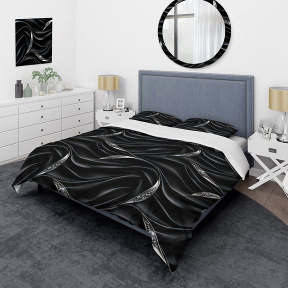 Designart "Silver Accents In Deep Black Elegance" Abstract Bedding Covert Set - Modern & Contemporary Bed Set With 2 Shams