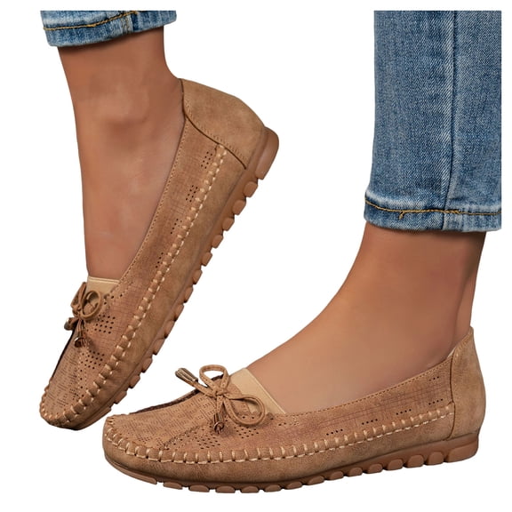 Lightweight Suede Loafers for Women Bowknot Slip On Dressy Flats Shoes Wide Toe Box Non Slip Walking Shoes Brown Size 9.5