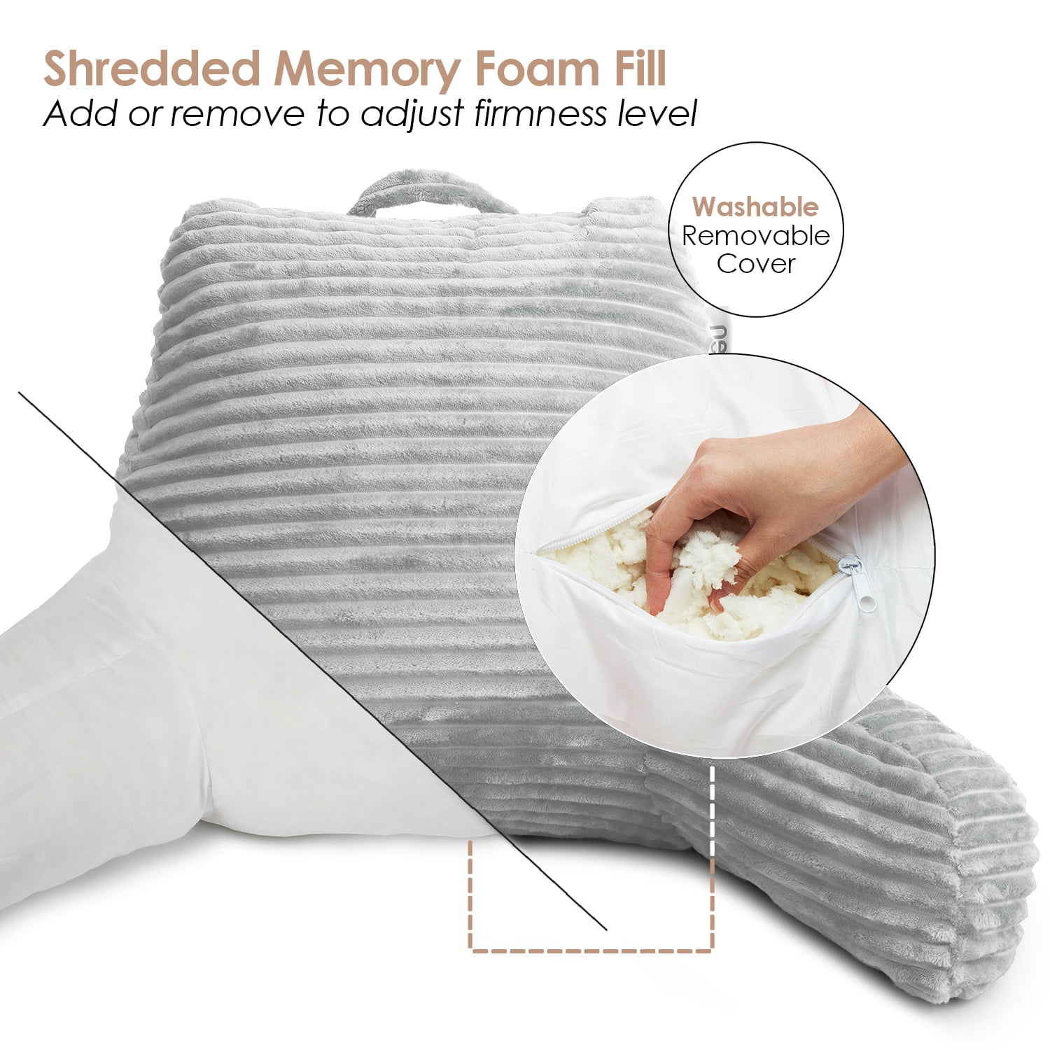 Nestl Large Bed Rest Shredded Memory Foam Reading Pillow with Arms&Pillow Foam Single Specialty Pillow in Grey | Medium