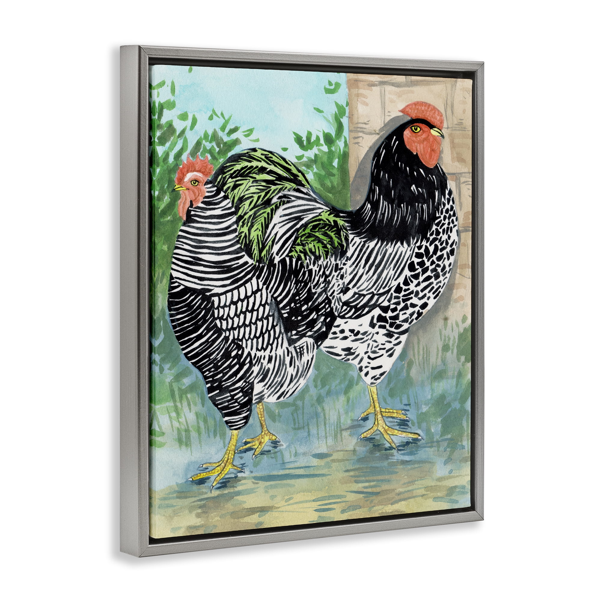 Stupell Industries Patterned Farmhouse Hens Animals Painting Gray Floater Framed Canvas Art Print Wall Art, 17 x 21