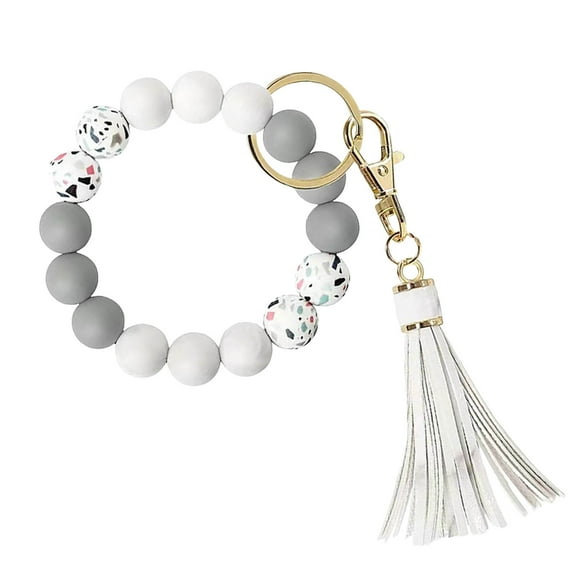 Silicone Keychain Bracelet Leather Tassel Wristlet Key Ring Bangle Bead Keyring For Women Girls Stylish Fashion Accessory