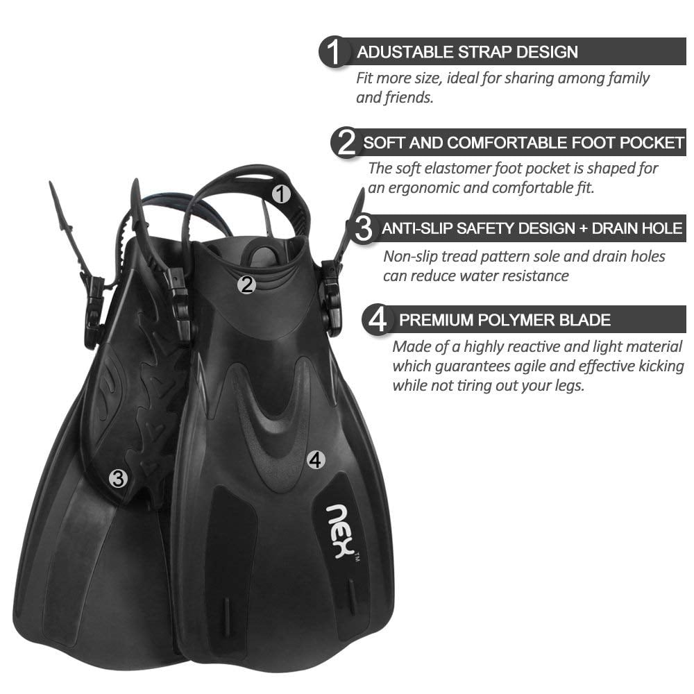 NEX Adult Adjustable Snorkeling Diving Fin- Short Blade, Adjustable Flippers, Diving Equipment, 1 Pair – Black Color (NX-G007-XS-S)