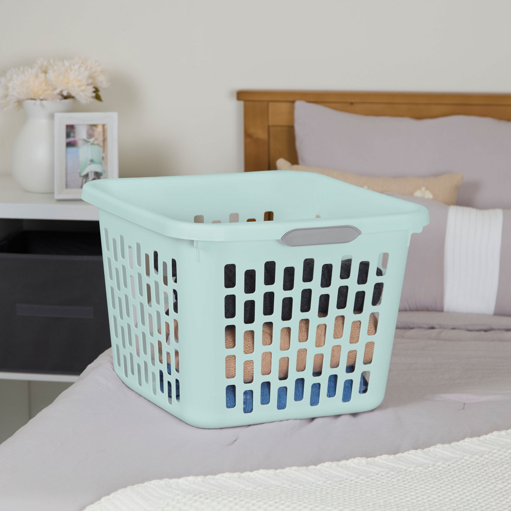Sterilite Square Laundry Basket, 1.5 Bushel Plastic Hamper with Handles, Mint, 6 Pack