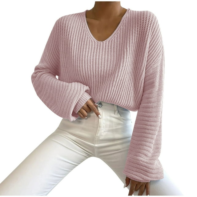 Chbgutlmr Chandails d'Automne pour Femmes Manches Longues Col en V Décontracté Confortable Tricot Court