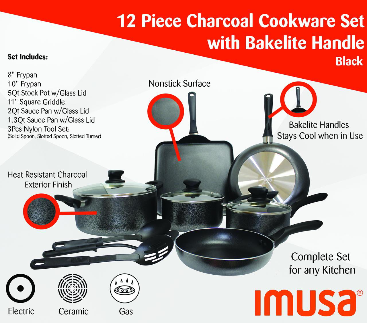 Imusa 12 Piece Hammered Nonstick Charcoal Cookware Set 