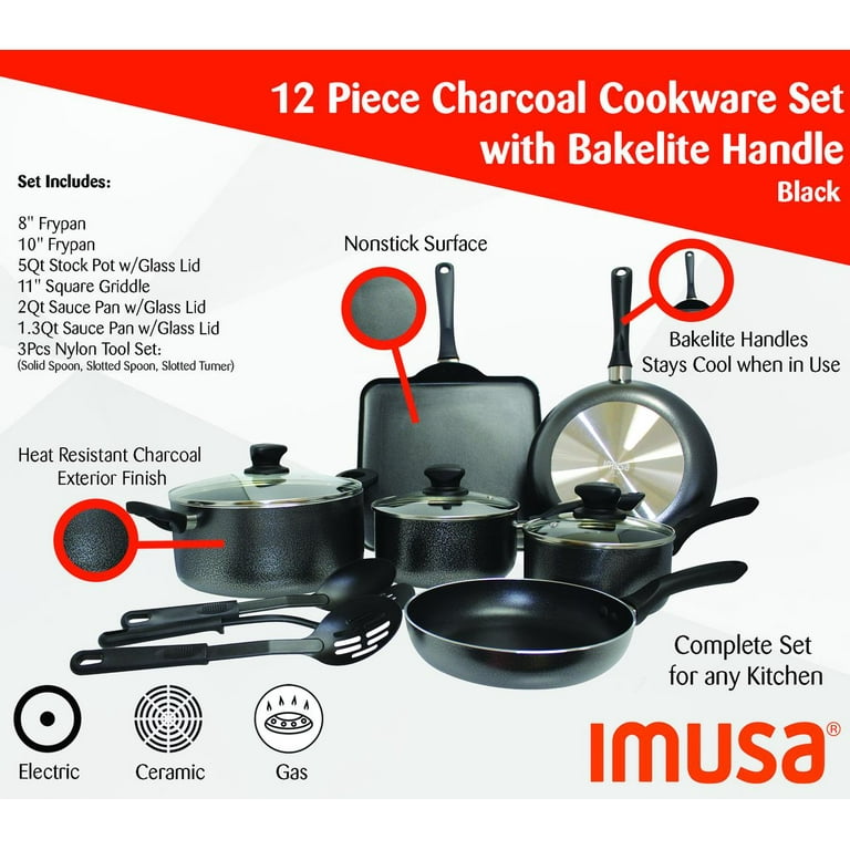IMUSA IMUSA 12 Piece Charcoal PTFE Nonstick Cookware Set with Bakelite  Handle, Black - IMUSA