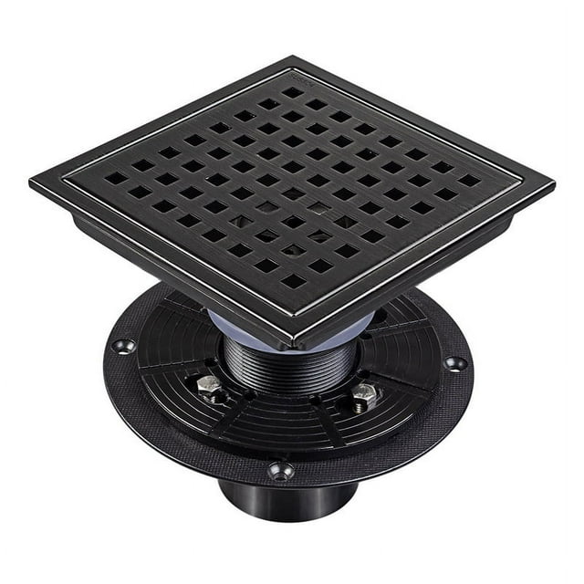 Drenaje de piso de ducha cuadrado de 6 pulgadas con brida, rejilla de patrón Quadrato extraíble, acero inoxidable apto para uso alimentario, negro mate