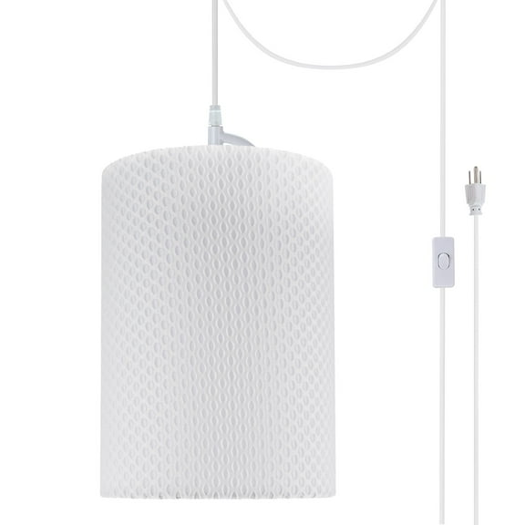 Aspen Creative 71033-21 One-Light Plug-In Swag Pendant Light Conversion Kit with Transitional Drum Fabric Lamp Shade, Off White, 8" width