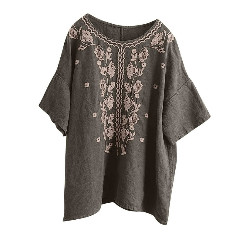 2025 Embroidered Tops for Women Short Sleeve Peasant Blouse