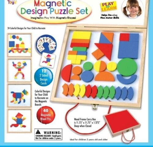 Kovot Magnetic Design Puzzle Set - Imaginative Play with Magnetic Shapes - Arts & Crafts Wooden Pattern Blocks Set - Educational Toy with Carrying