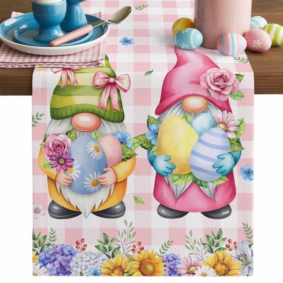 Easter Gnome Table Runner, Sunflower Blue Hydrangea Flowers Butterflies Pink Plaid Cotton Linen Kitchen Table Decoration Washable Dining Tabletop Runners for Home Party Decor 13x90 Inches