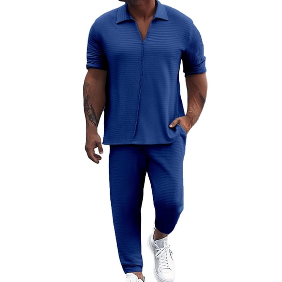 JIKNTTR Men's 2 Pieces Linen Set Male Summer Commuting Suit Solid Color Textured Water Ripple Casual Shirt Short Sleeve Trousers Set Commuting Work Outfits