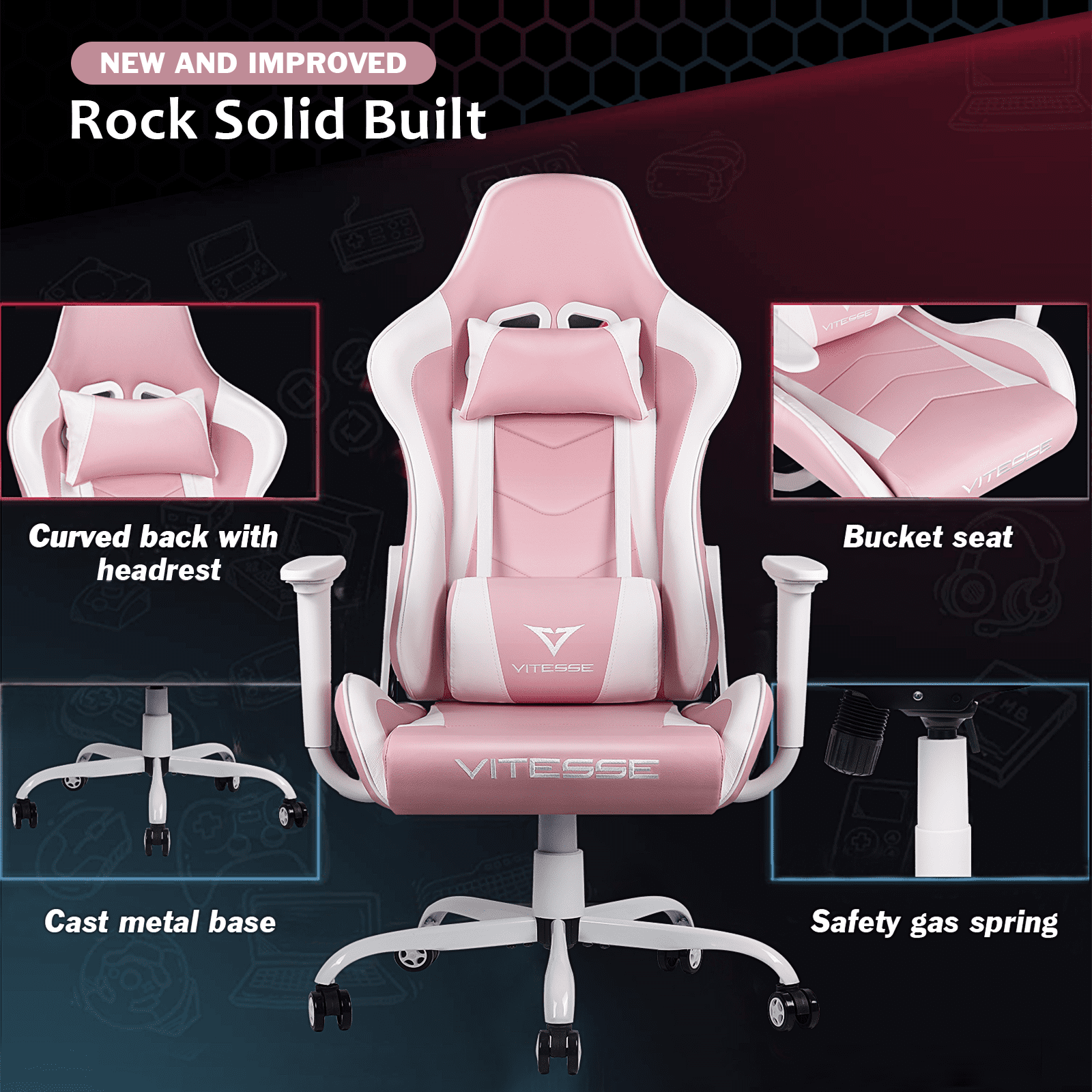 BOSSIN Pink Gaming Chair Cute Kawaii Gaming Chair for Girl Ergonomic Office Desk Chair Racing Office Chair Adjustable High Back Chair Game Chair Swivel Leather Chair with Lumbar Support and Headrest